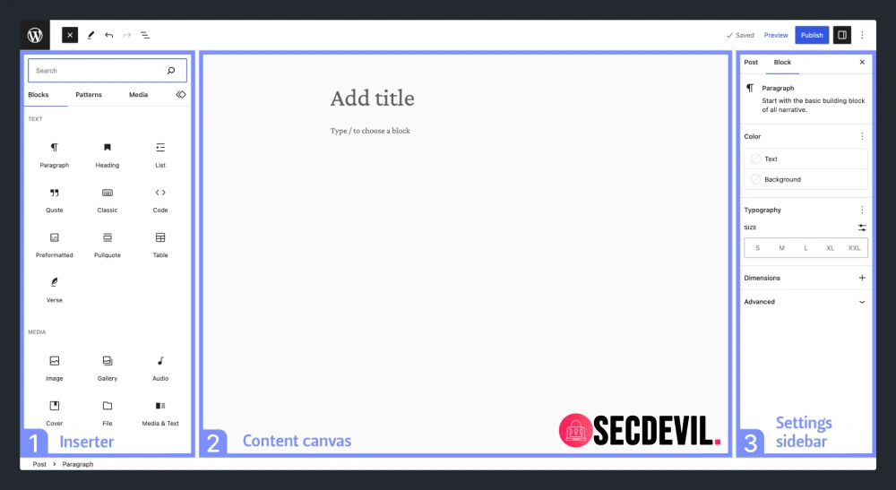 WordPress' Gutenberg editor is clearly divided into an area for blocks to build the webpage, a user-friendly content canvas with drag-and-drop functionality and a sidebar for settings in the right column.